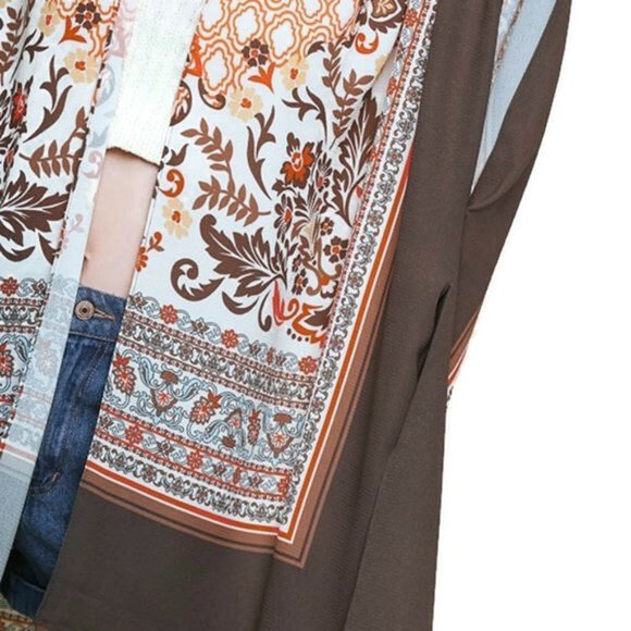 Brown, Orange Floral Scarf Print Open Front Short Sleeve Kimono Top Womens S/M - Picture 5 of 8